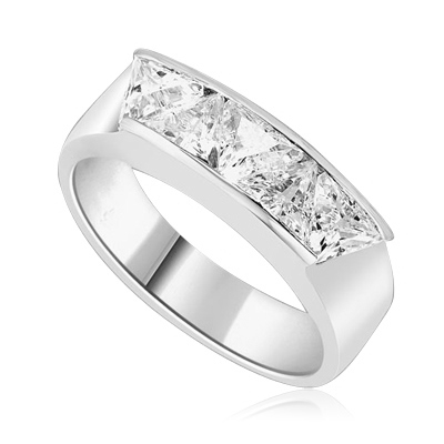 Men's Ring with five Chanel set, Triangle cut Diamond Essence. 1.5 Cts T.W. set in 14K Solid White Gold.