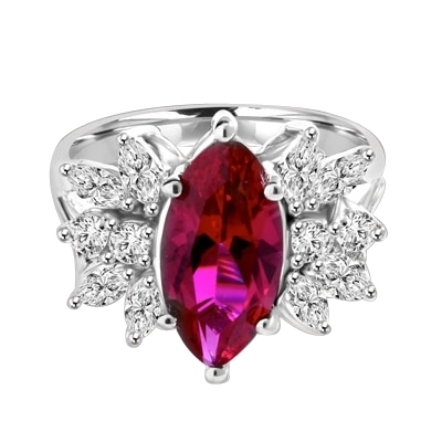 Designer Ring with 2.0 Cts. Marquise cut Ruby Essence in center accompanied by delicately set Marquise and Melee on each side. 3.0 Cts. T. W. set in 14K Solid White Gold.