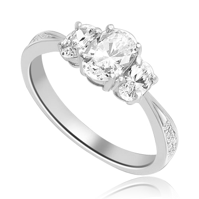 Cool Chic 3 Oval Stone Ring in Tiffany Band, 2 Cts. T.W. In 14k Solid White Gold.