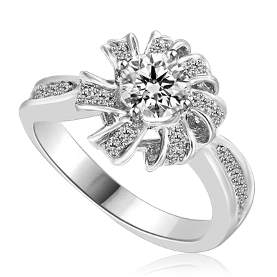 Designer Ring with 0.50 Cts. Round Brilliant Diamond Essence set in center of sparkling bow of Melee, with Melee set on either sides of the band. 0.75 Cts. T.W. set in 14K Solid White Gold.