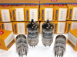 Brand Spanking New, MINT NOS NIB 1973 Amperex/Philips ECC82 Dimple Disc Getter Tubes with Philips Label. Pairs have *Heerlen Holland Production Date Code GfA 43J4 (first letter 4xxxx, 4=delta or left triangle for Heerlen Plant). Boxes and labels are a bit