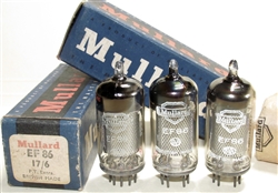 RARE Brand New MINT NOS 1958-59 Mullard EF86 Square Getter Mesh Shield tubes with Old Shield BVA logo. SAME REVISION. 9r1 B8x or B9x Blackburn Production Date Codes. Made in Great Britain. Tested and matched on Top of the Line Calibrated Hickok 580 Lab G
