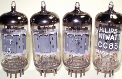 USED Matched Pairs 1960s Amperex/Philips ECC83 HALO Getter tubes with various labels like Philips, Miniwatt, Lorenz SEL, Pope etc. Etched Heerlen Holland Production Date Codes 4xxx (first letter 4xxxx, 4=delta or left triangle for Heerlen Plant).