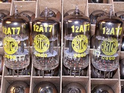 Brand New, MINT NOS Rare 1950s Brimar Black Plate Square Getter 12AT7 ECC81 tubes with copper posts. Tubes have RTC label. Same Brimar etched code 5F6/565 on all tubes. Made in England. Very desirable 12AT7/ECC81.