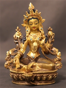 Statue Green Tara, 05.5 inch, Partially Gold Plated