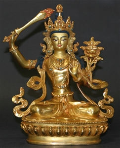 Statue Manjushri, 08 inch, Fully Gold Plated