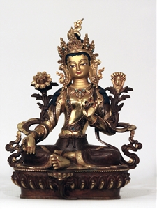 Statue Green Tara, 08 inch, Partially Gold Plated