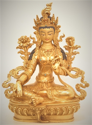 Statue Green Tara, 08 inch, Fully Gold Plated