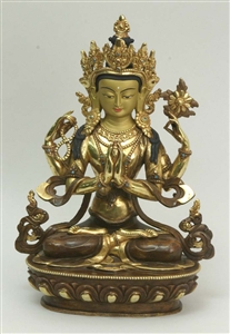 Statue Chenrezig, 12 inches, Partially Gold Plated