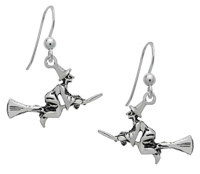 Silver Flying Witch Earrings