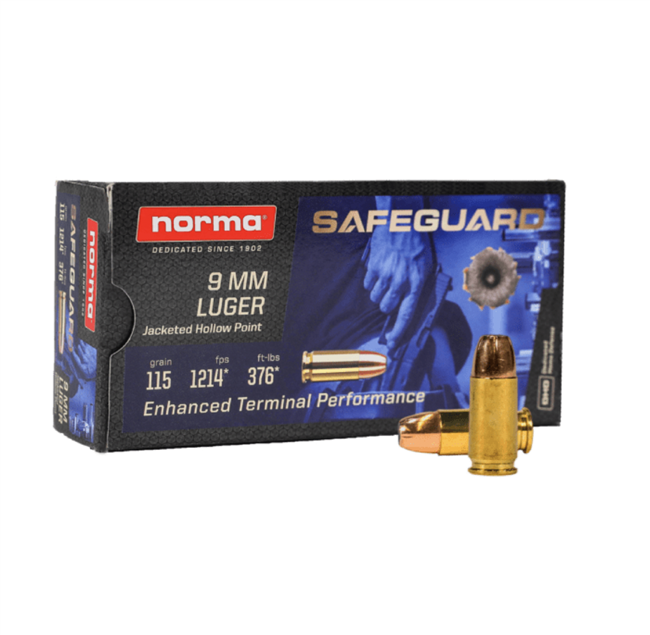 9mm / 115gr / Brass JHP Safeguard Self Defense / Norma / 50 Rds