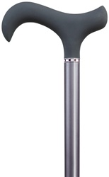 Ladies Cane Silver Grey Carbon Fiber derby cane with black soft touch handle and checker style band