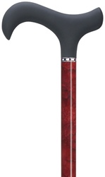 Ladies Cane Red Burlwood Carbon Fiber derby cane with black soft touch handle and checker style band