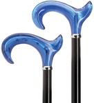 Men's Anatomical Derby Handle-Blue Acrylic, "Titanic Blue" on Shiny Black Hardwood Shaft with Black Chrome Ring