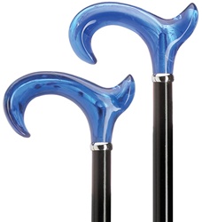 Men's Anatomical Derby Handle-Blue Acrylic, "Titanic Blue" on Shiny Black Hardwood Shaft with Black Chrome Ring
