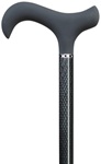 Ladie's Cane Carbon Fiber derby non-adjustable cane with black soft touch handle and checker style band on tapered shaft