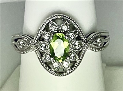 White Gold Peridot and Diamond Victorian Ring