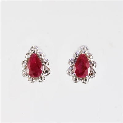 Pear shape Ruby and diamond earrings in 14K white gold.