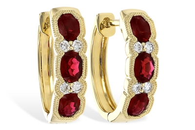 Ruby & Diamond Hoop Earrings 14K Yellow Gold