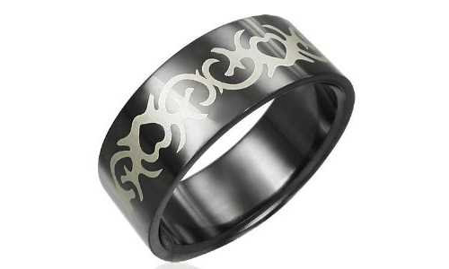 Tribal Heart Design Black Stainless Steel Ring - 7