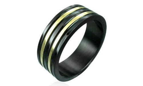 Black and Gold Tones Ribbed Stainless Steel Ring - 9