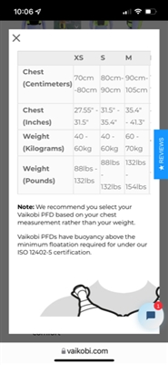 Vaikobi PFD size chart at Paddle Dynamics