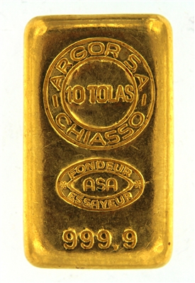 Argor S.A Chiasso 10 Tolas (116.6 Gr.) Cast 24 Carat Gold Bullion Bar 999.9 Pure Gold