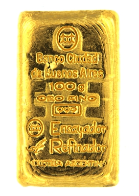 Banco Ciudad de Buenos Aires 100 Grams Cast 24 Carat Gold Bullion Bar 999 Pure Gold