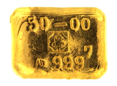 P.C. Boschmans 50 Grams Cast 24 Carat Gold Bullion Bar 999.7 Pure Gold