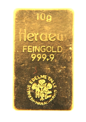 Heraeus Edelmetalle GmBh 10 Grams 24 Carat Gold Bullion Bar 999.9 Pure Gold