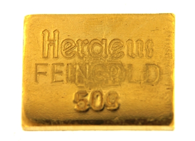 Heraeus Edelmetalle GmBh 50 Grams 24 Carat Gold Bullion Bar 999.9 Pure Gold