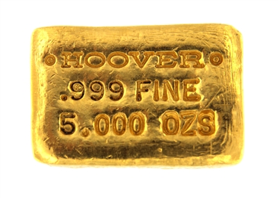 Hoover & Strong 5 Ounces Cast 24 Carat Gold Bullion Bar 999 Pure Gold