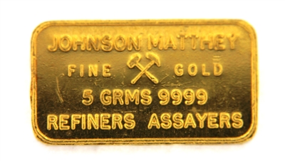 Johnson Matthey 5 Grams Minted 24 Carat Gold Bullion Bar 999.9 Pure Gold