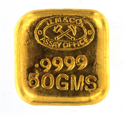 Johnson Matthey - J.M & CO. ASSAY OFFICE - 50 Grams Cast 24 Carat Gold Bullion Bar 999.9 Pure Gold