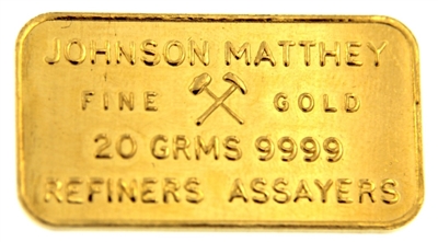 Johnson Matthey, London 20 Grams Minted 24 Carat Gold Bullion Bar 999.9 Pure Gold
