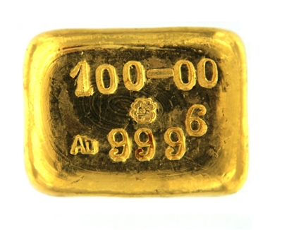 P.C. Boschmans 100 Grams Cast 24 Carat Gold Bullion Bar 999.6 Pure Gold