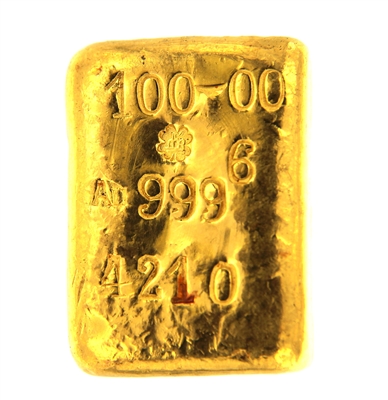 P.C. Boschmans 100 Grams Cast 24 Carat Gold Bullion Bar 999.6 Pure Gold