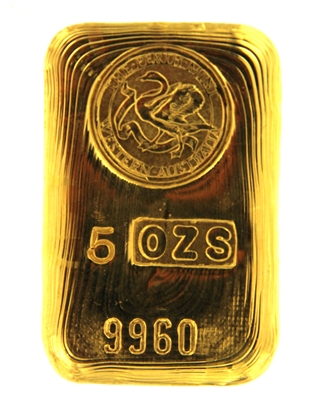 The Perth Mint 5 Ounces Cast 24 Carat Gold Bullion Bar 996.0 Pure Gold
