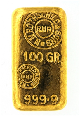 N.M Rothschild & Sons 100 Grams Cast 24 Carat Gold Bullion Bar 999.9 Pure Gold
