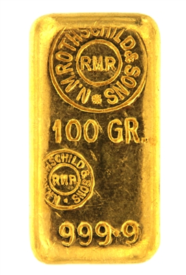 N.M Rothschild & Sons - Mocatta & Goldsmid Ltd - 100 Grams Cast 24 Carat Gold Bullion Bar 999.9 Pure Gold