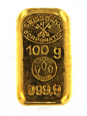 Swiss Bank Corporation & J. Gambert Essayeur 100 Grams Cast 24 Carat Gold Bullion Bar 999.9 Pure Gold