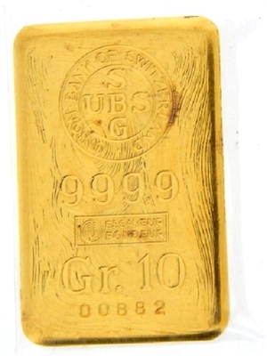 Union Bank Of Switzerland 10 Grams Minted 24 Carat Gold Bullion Bar 999.9 Pure Gold