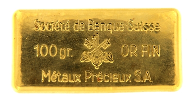 SociÃ©tÃ© de Banque Suisse MÃ©taux PrÃ©cieux S.A 100 Grams 24 Carat Gold Bullion Bar 999.9 Pure Gold