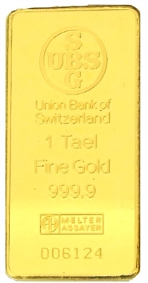 Union Bank of Switzerland (former UBS) 1 Tael (37.42 Gr.) Minted 24 Carat Gold Bullion Bar 999.9 Pure Gold in Assay Certificate Holder