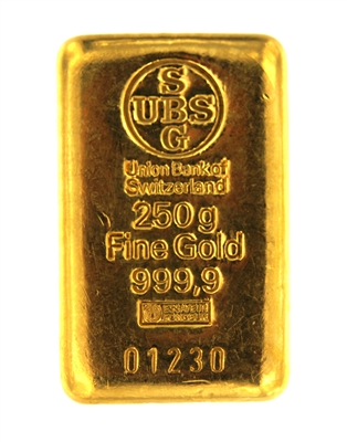 Union Bank of Switzerland 250 Grams Cast 24 Carat Gold Bullion Bar 999.9 Pure Gold