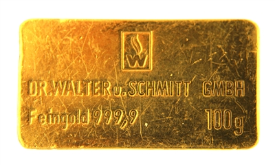 Dr. Walter u. Schmitt GmBh 100 Grams 24 Carat Gold Bullion Bar 999.9 Pure Gold