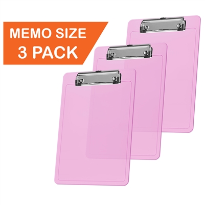 Clipboard Memo Size A5 (9 1/4" x 6 5/16") Low Profile Clip (Plastic) (Clear Pink Color) (3 Pack), Acrimet