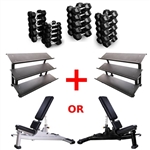 French Fitness Rubber Hex Dumbbell Set 5 to 100 lbs w/Bench + (2) 3 Tier Dumbbell Racks Image