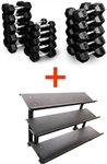 French Fitness Rubber Hex Dumbbell Set 5 to 75 lbs w/3 Tier Dumbbell Rack Image
