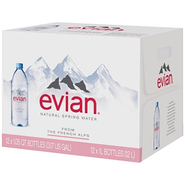 Evian Natural Spring Water 1 liter, 12 bottles